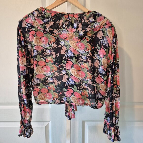 Monalisa | Vintage 80s-90s Ruffled Floral Shirt w/ Tie & Shawl Collar | S - Picture 9 of 10